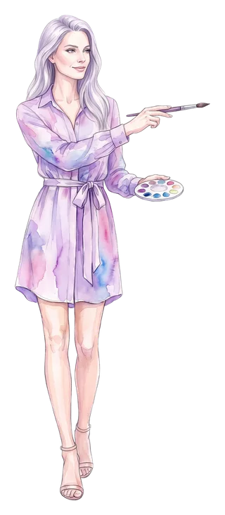 Iris Vale, the painted host, points her brush at the map of Southwestern Ontario beside her.